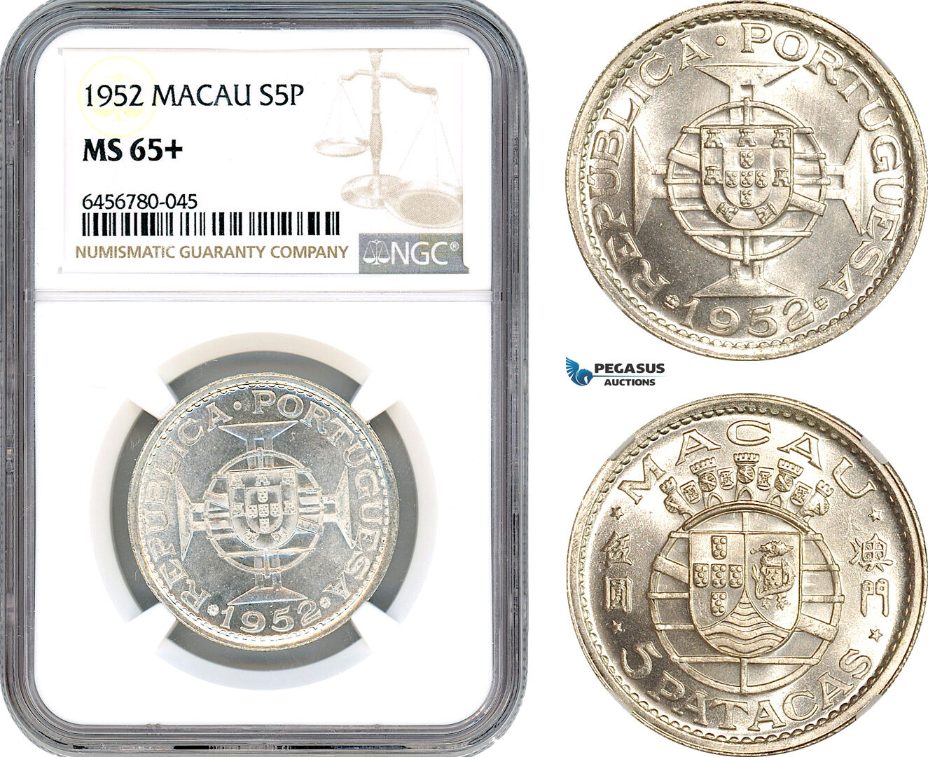 AI561, Macau (Portuguese Colony) 5 Patacas 1952, Silver, NGC MS65+