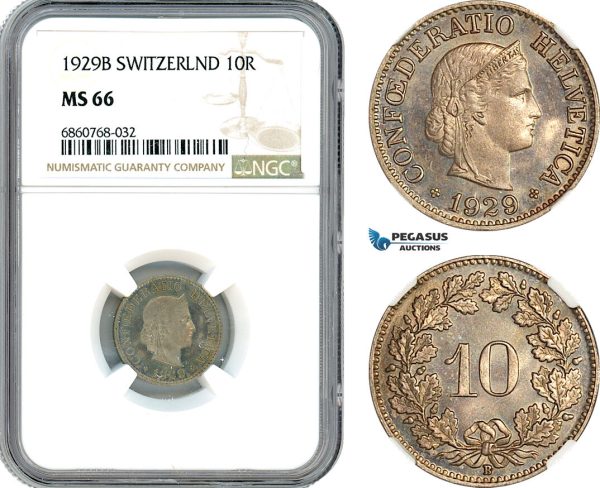 AI587, Switzerland, 10 Rappen 1929 B, Bern Mint, NGC MS66