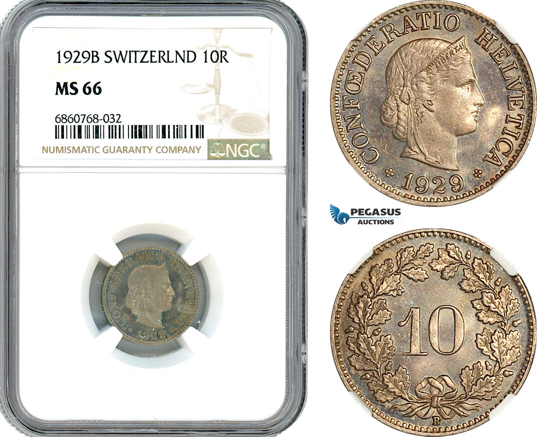 AI587, Switzerland, 10 Rappen 1929 B, Bern Mint, NGC MS66