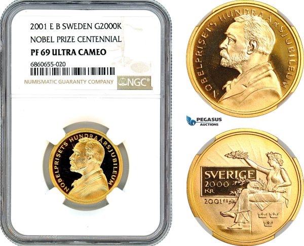 AI608, Sweden, Nobel Prize Centennial 2000 Kronor 2001, Eskilstuna Mint, Gold, NGC PF69 Ultra Cameo