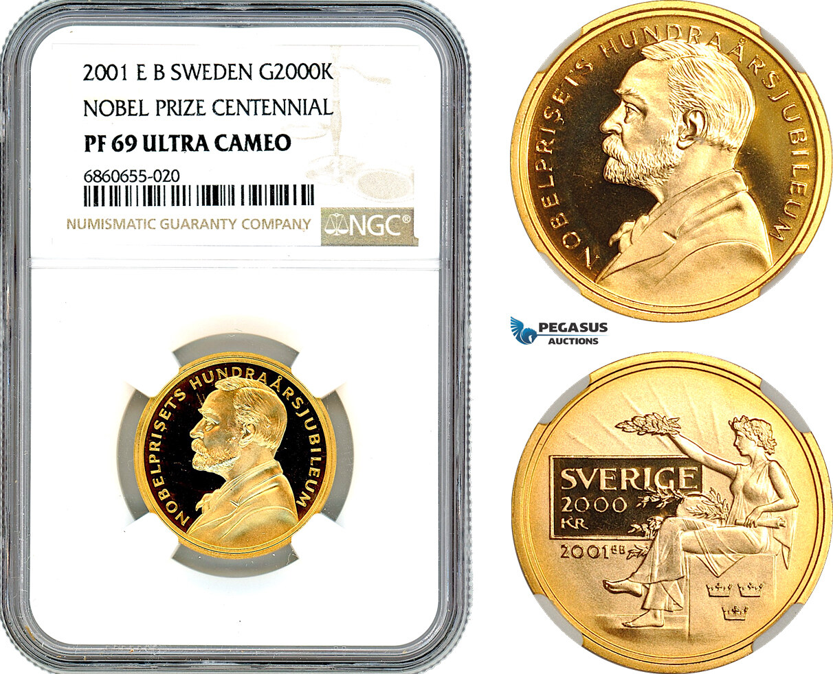 AI608, Sweden, Nobel Prize Centennial 2000 Kronor 2001, Eskilstuna Mint, Gold, NGC PF69 Ultra Cameo