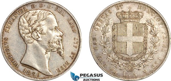 AI645, Italy, Sardinia, Victor Emmanuel II, 5 Lire 1859 P, Genoa Mint, Silver, Toned, VF-EF