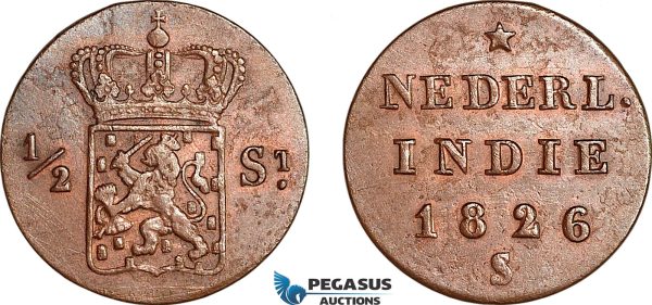 AI650, Netherlands East Indies, Sumatra, 1/2 Stuiver 1826 S, Utrecht mint, Lightly cleaned, EF