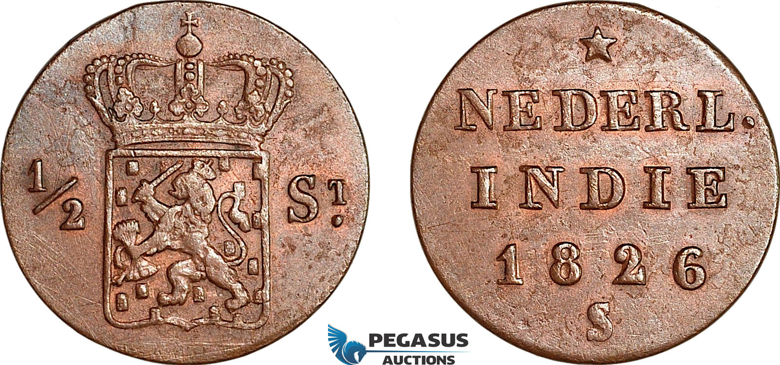 AI650, Netherlands East Indies, Sumatra, 1/2 Stuiver 1826 S, Utrecht mint, Lightly cleaned, EF