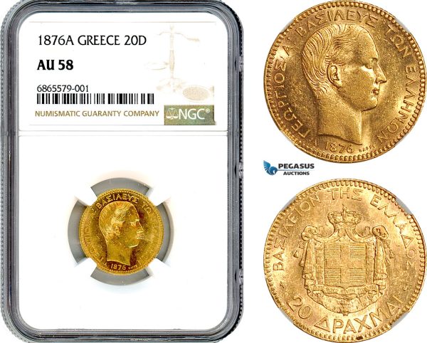 AI683, Greece, George I, 20 Drachmai 1876 A, Paris Mint, Gold, NGC AU58