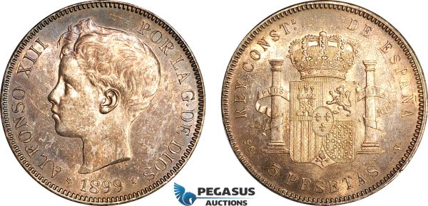 AI709, Spain, Alfonso XIII, 5 Pesetas 1899 SGV, Madrid Mint, Silver, Lightly cleaned, AU-UNC