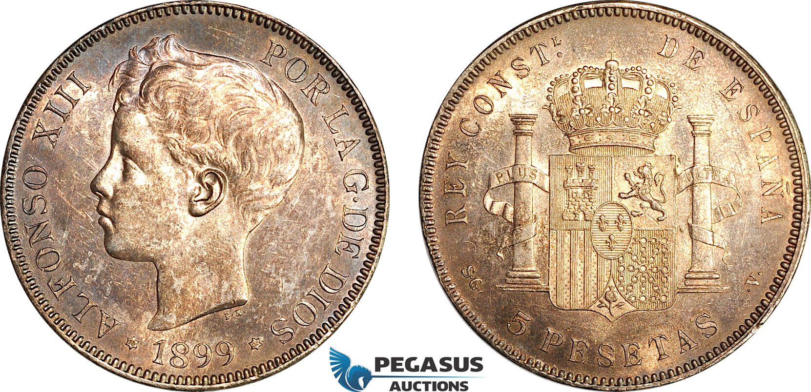 AI709, Spain, Alfonso XIII, 5 Pesetas 1899 SGV, Madrid Mint, Silver, Lightly cleaned, AU-UNC