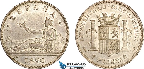 AI714, Spain, Provisional Government, 5 Pesetas 1870 (70) SNM, Madrid Mint, Silver, XF-AU