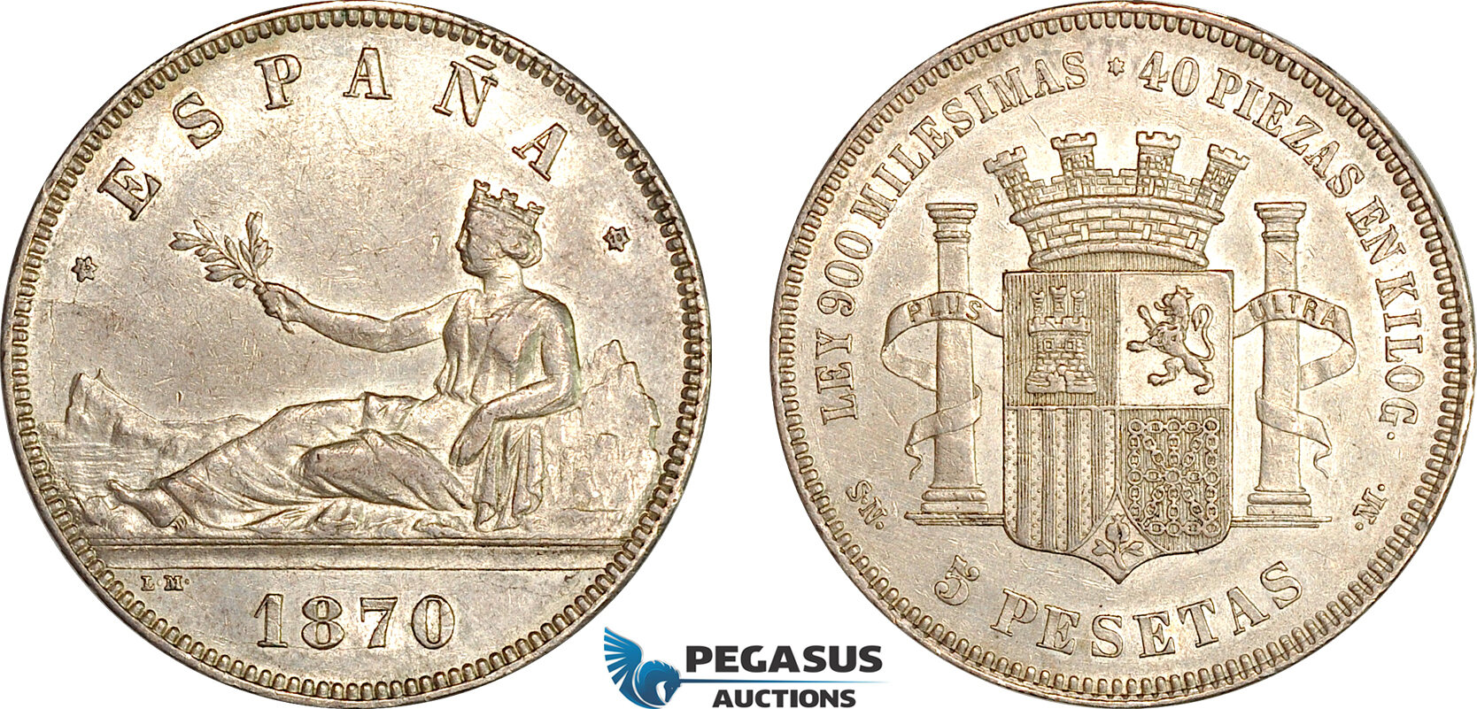 AI714, Spain, Provisional Government, 5 Pesetas 1870 (70) SNM, Madrid Mint, Silver, XF-AU