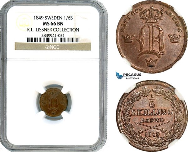 AI738, Sweden, Oscar I, 1/6 Skilling 1849, Stockholm Mint, SM 35, NGC MS66BN, Ex. Lissner collection