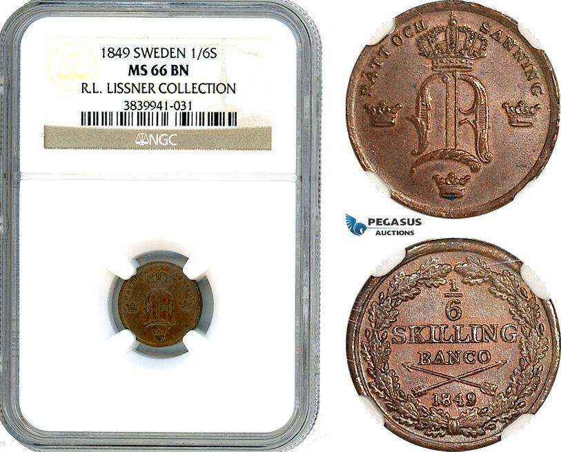AI738, Sweden, Oscar I, 1/6 Skilling 1849, Stockholm Mint, SM 35, NGC MS66BN, Ex. Lissner collection