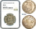 AI747, Bolivia, 4 Soles 1857 PTS FJ, Potosi Mint, Silver, NGC MS61