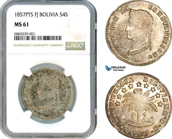AI747, Bolivia, 4 Soles 1857 PTS FJ, Potosi Mint, Silver, NGC MS61