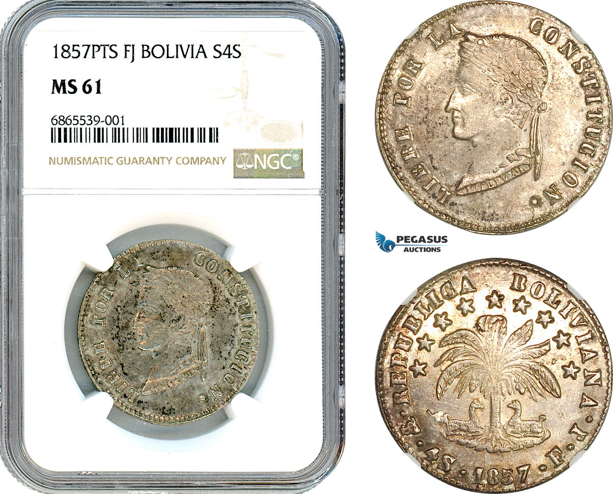 AI747, Bolivia, 4 Soles 1857 PTS FJ, Potosi Mint, Silver, NGC MS61