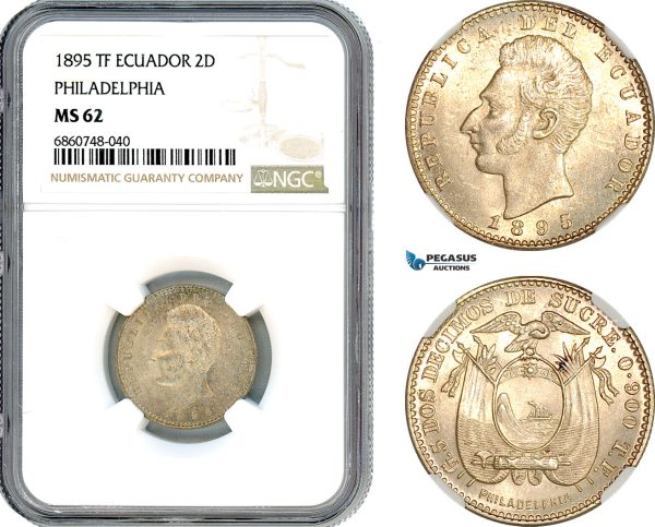 AI757, Ecuador, 2 Decimos 1895 TF, Philadelphia Mint, Silver, NGC MS62