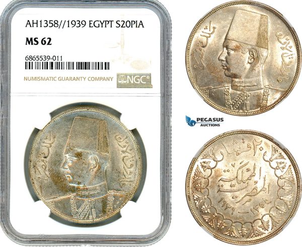 AI758, Egypt, Farouk, 20 Piastres AH1358 // 1939, Silver, NGC MS62