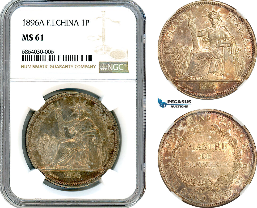 AI762, French Indo-China, 1 Piastre 1896 A, Paris Mint, Silver, NGC MS61