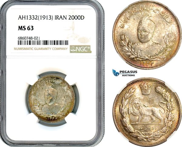 AI772, Iran, Ahmad Shah, 2000 Dinars AH1332 (1913) Tehran Mint, Silver, NGC MS63