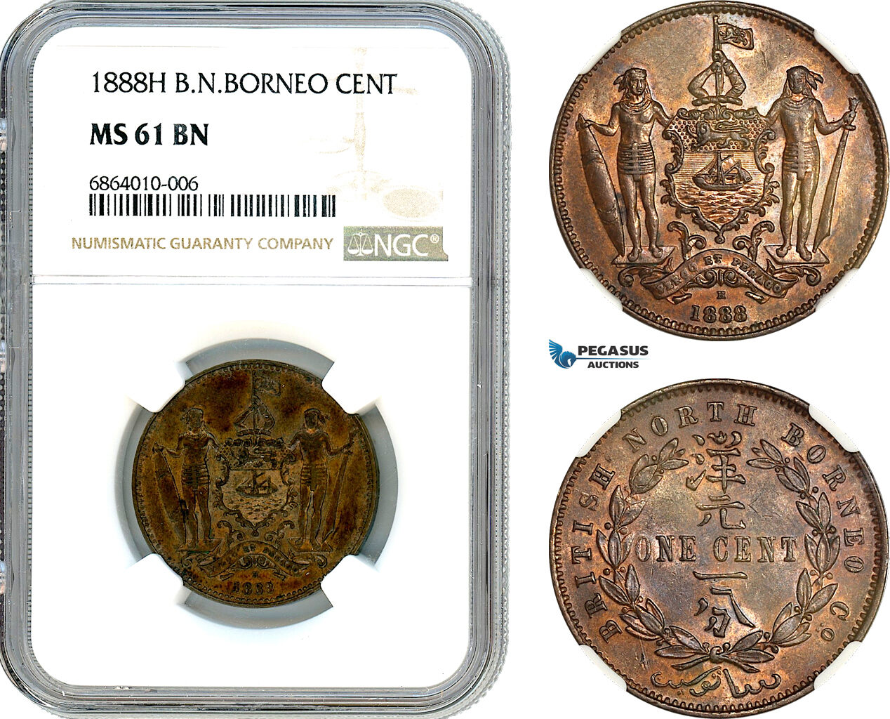 AI804, British North Borneo, 1 Cent 1888 H, Heaton Mint, NGC MS61BN