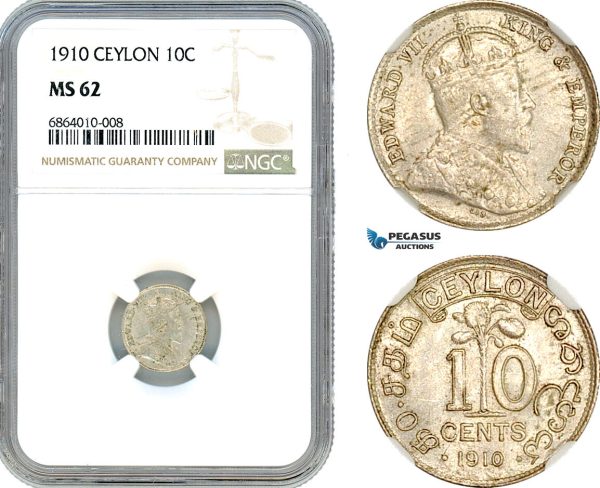 AI805, Ceylon, Edward VII, 10 Cents 1910, Silver, NGC MS62