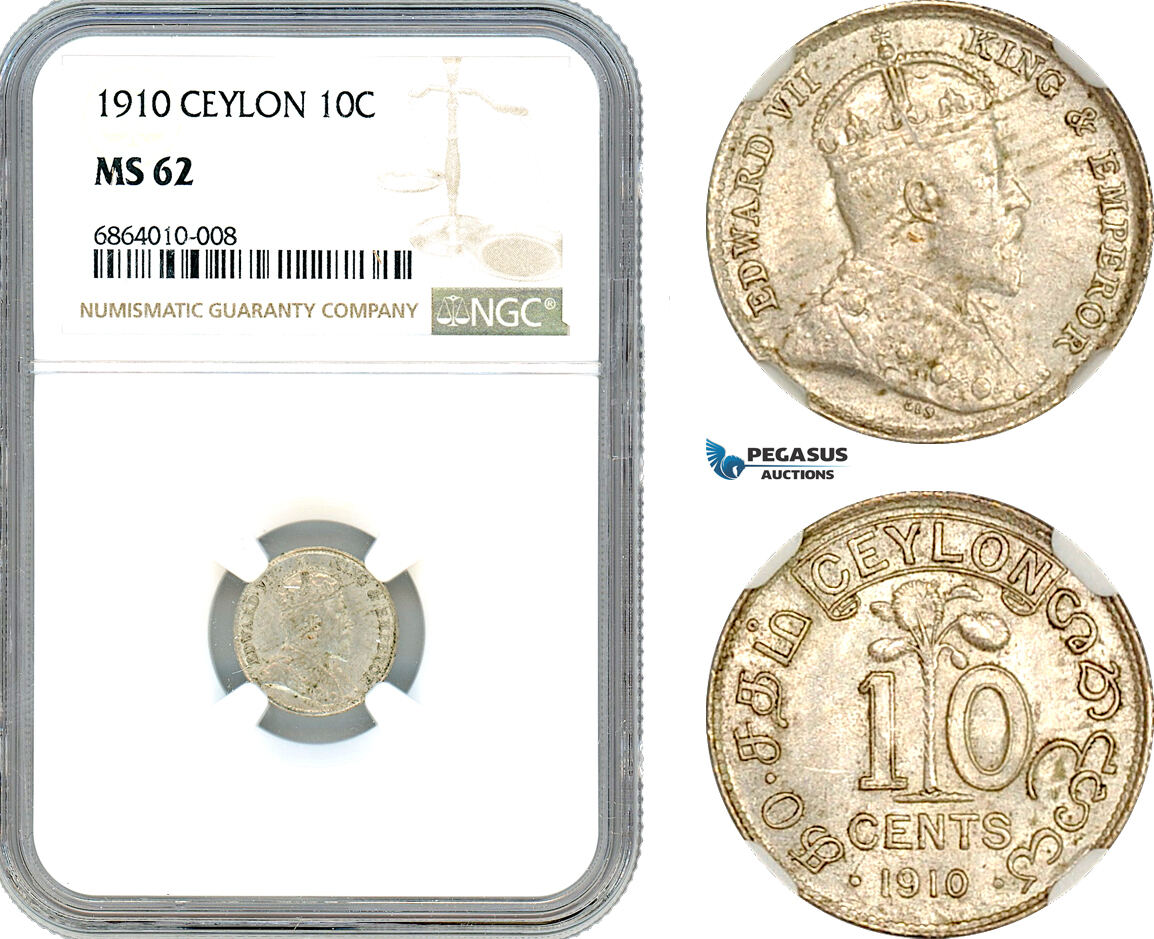 AI805, Ceylon, Edward VII, 10 Cents 1910, Silver, NGC MS62