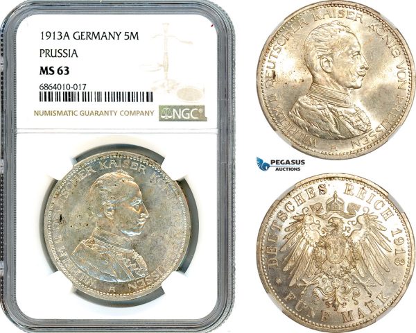 AI816, Germany, Prussia, Wilhelm II, 5 Mark 1913 A, Berlin Mint, Silver, NGC MS63