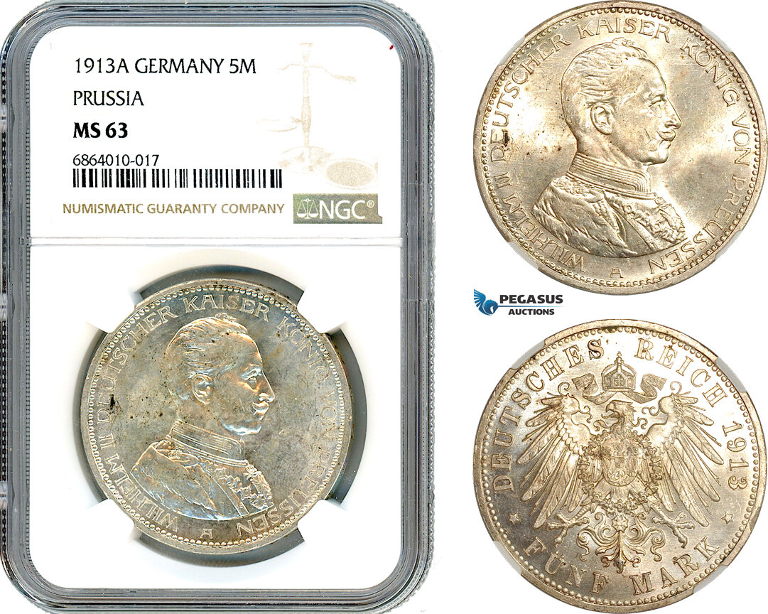AI816, Germany, Prussia, Wilhelm II, 5 Mark 1913 A, Berlin Mint, Silver, NGC MS63