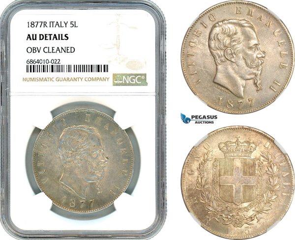 AI820, Italy, Vitt. Emanuele II, 5 Lire 1877 R, Rome Mint, Silver, NGC AU Det.