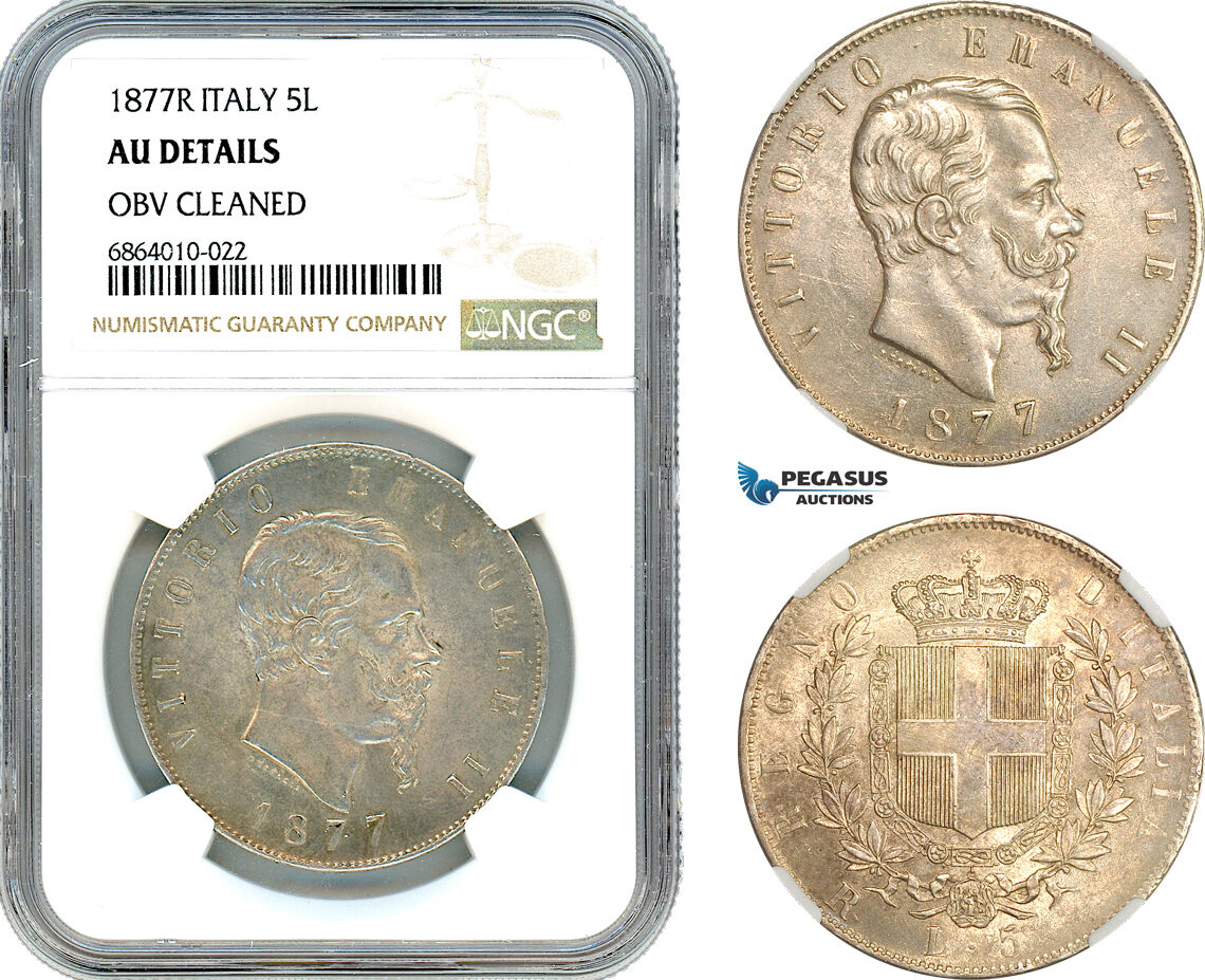 AI820, Italy, Vitt. Emanuele II, 5 Lire 1877 R, Rome Mint, Silver, NGC AU Det.