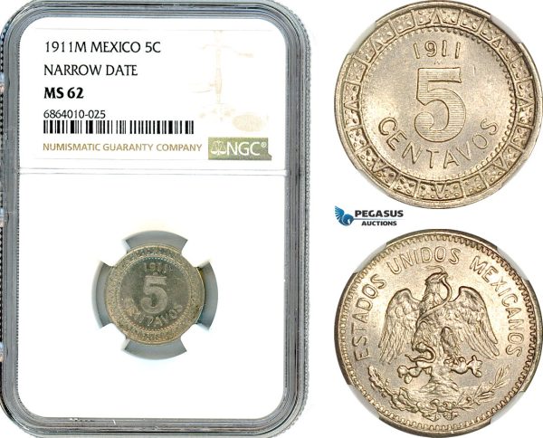 AI822, Mexico, 5 Centavos 1911 M, Narrow Date, NGC MS62