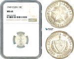 AI853, Cuba, 10 Centavos 1949, Philadelphia Mint, Silver, NGC MS64