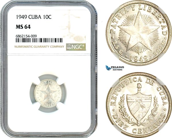 AI853, Cuba, 10 Centavos 1949, Philadelphia Mint, Silver, NGC MS64