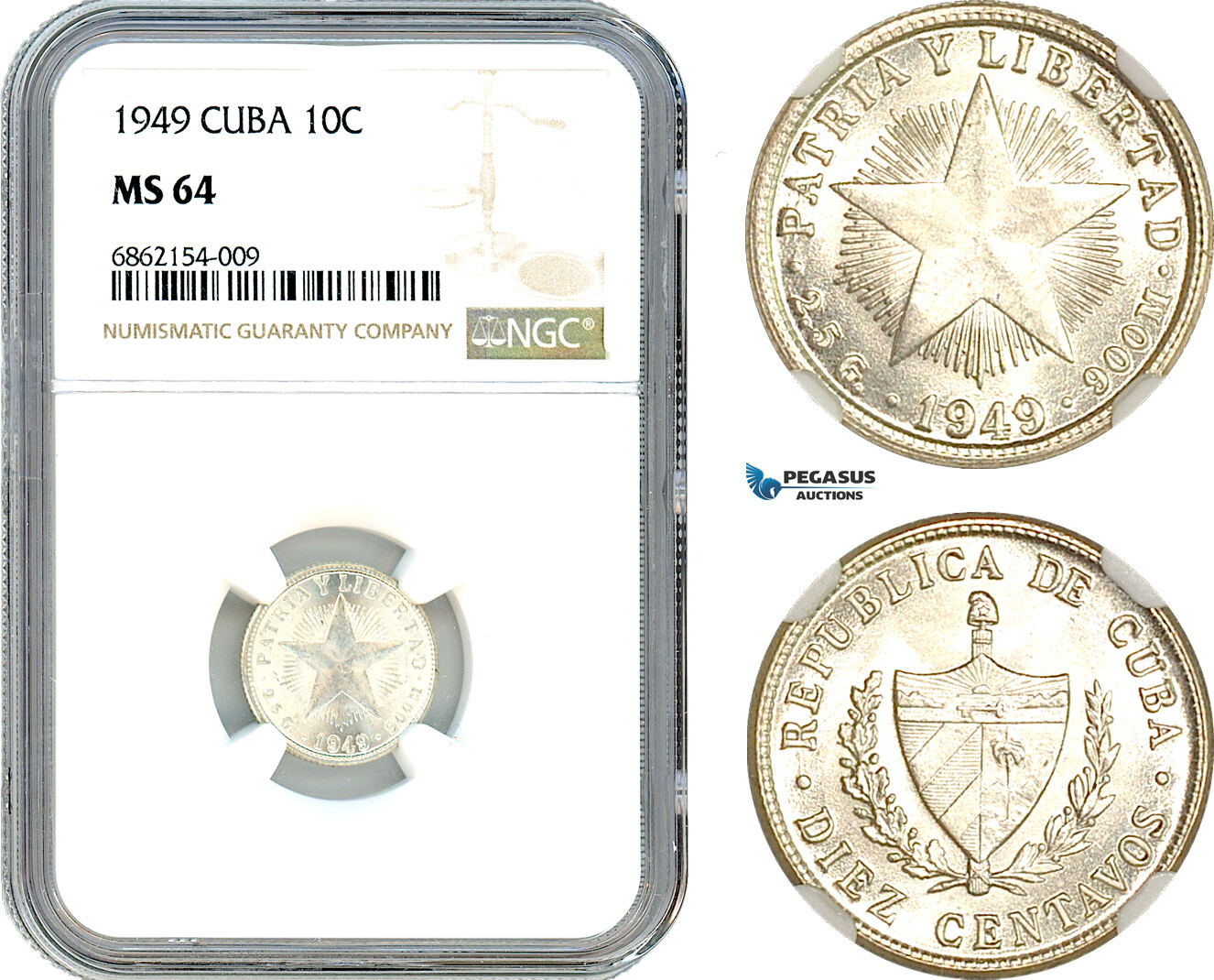 AI853, Cuba, 10 Centavos 1949, Philadelphia Mint, Silver, NGC MS64