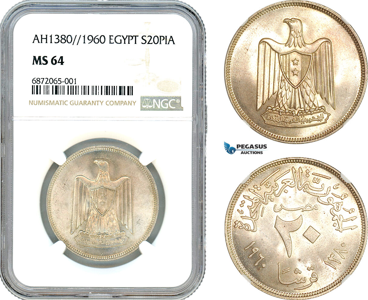AI855, Egypt, 20 Piastres AH1380//1960, Cairo Mint, Silver, NGC MS64