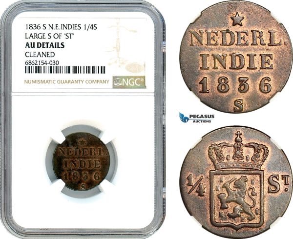 AI878, Netherlands East Indies, Willem I, 1/4 Stuiver 1836 S, Utrecht Mint, Large "S" of "ST" NGC AU Det.