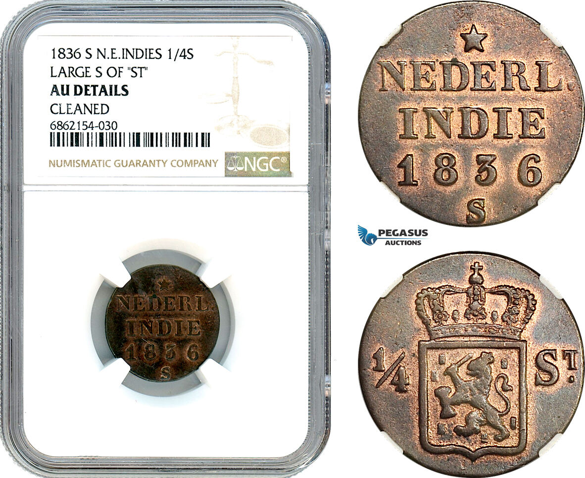 AI878, Netherlands East Indies, Willem I, 1/4 Stuiver 1836 S, Utrecht Mint, Large "S" of "ST" NGC AU Det.