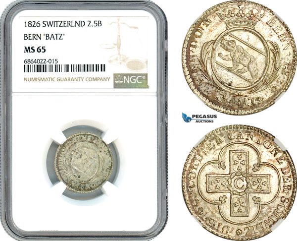 AI890, Switzerland, Bern "BATZ" 2 1/2 Batzen 1826, Silver, NGC MS65