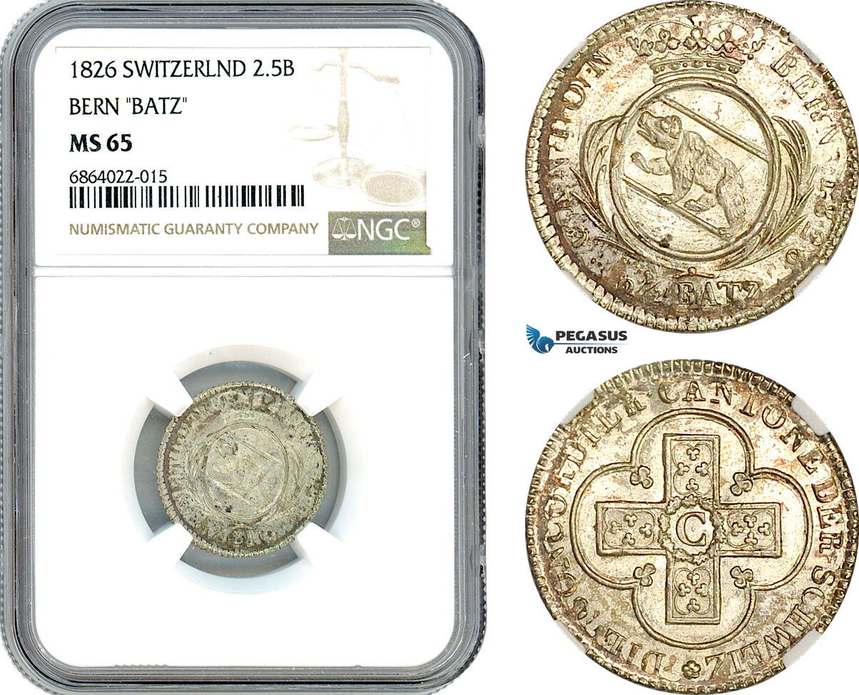 AI890, Switzerland, Bern "BATZ" 2 1/2 Batzen 1826, Silver, NGC MS65
