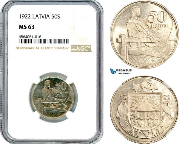 AI894, Latvia, 50 Santimu 1922, NGC MS63