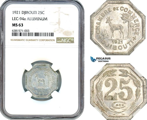 AI930, Djibouti, 25 Centimes 1921, Chambers of Commerce Coinage, LEC-94a, NGC MS63