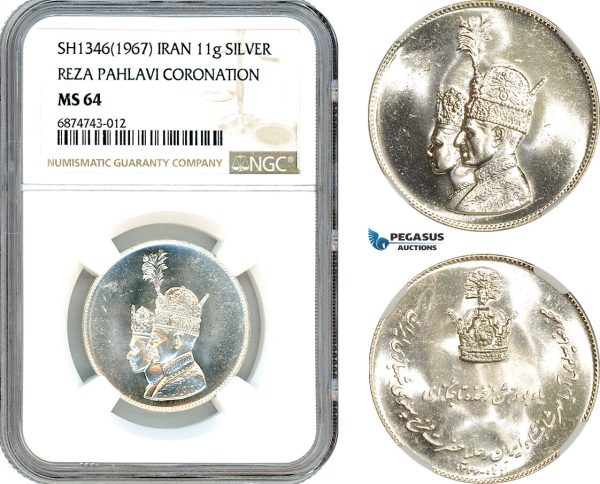 AI937, Iran, SH1346 (1967) Silver Medal, Reza Pahlavi Coronation, NGC MS64