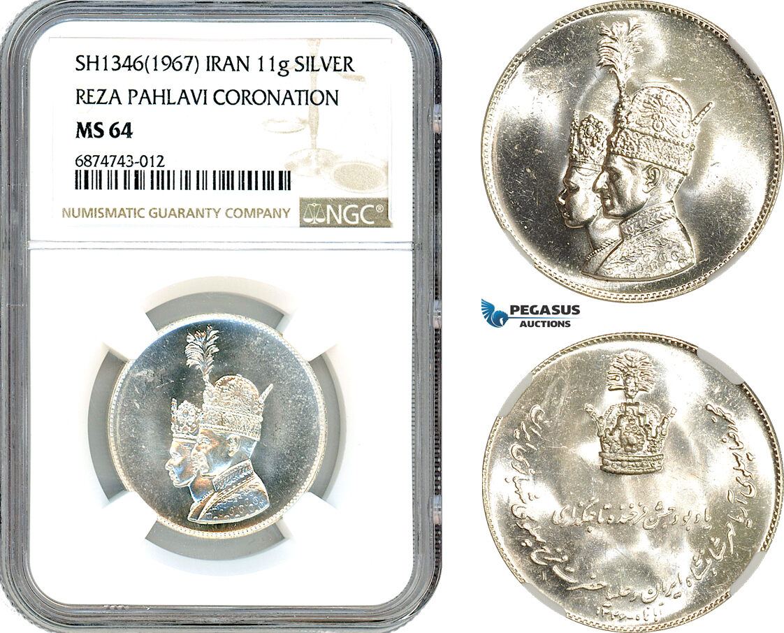 AI937, Iran, SH1346 (1967) Silver Medal, Reza Pahlavi Coronation, NGC MS64