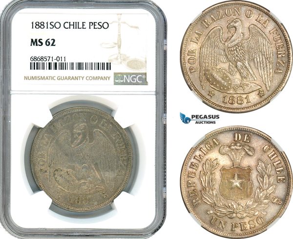 AI952, Chile, 1 Peso 1881 SO, Santiago Mint, Silver, NGC MS62