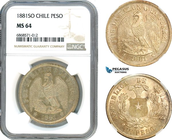 AI953, Chile, 1 Peso 1881 SO, Santiago Mint, Silver, NGC MS64