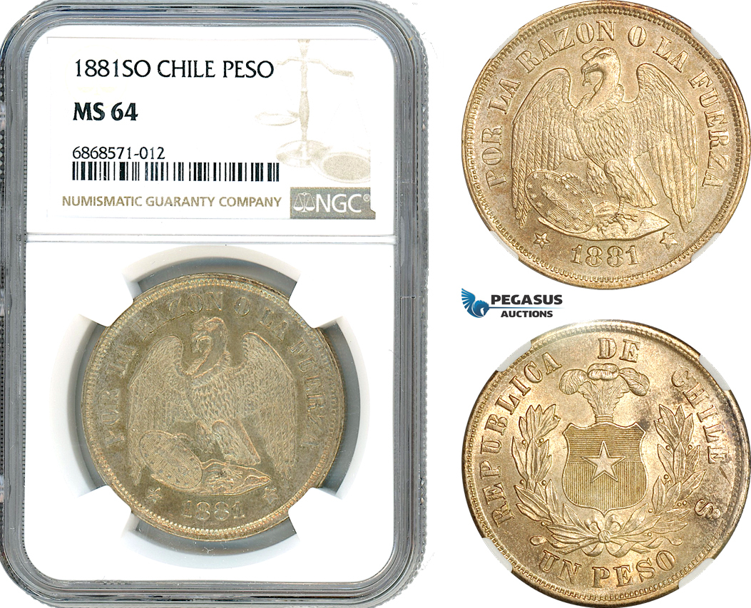 AI953, Chile, 1 Peso 1881 SO, Santiago Mint, Silver, NGC MS64