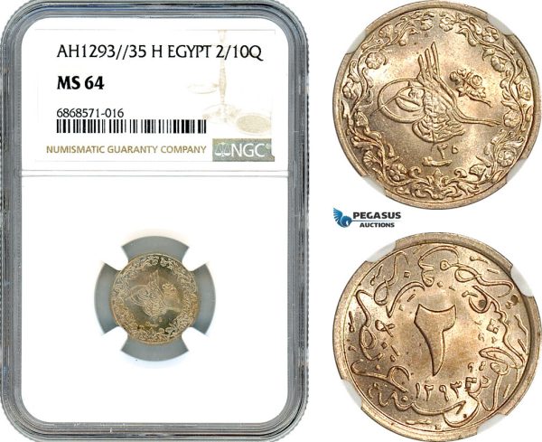 AI957, Egypt, Ottoman Empire, Abdul Hamid II, 2/10 Qirsh AH1293/35 H, Heaton Mint, NGC MS64, Top Pop!