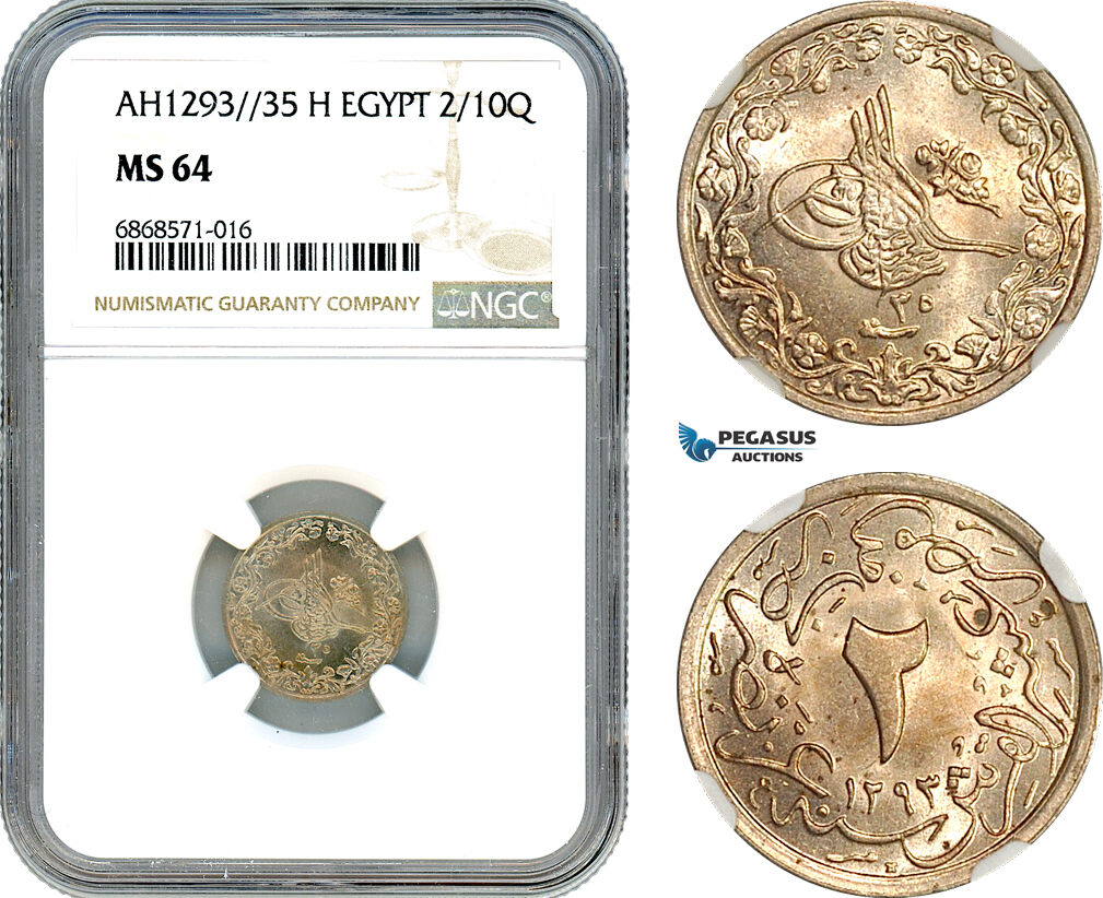 AI957, Egypt, Ottoman Empire, Abdul Hamid II, 2/10 Qirsh AH1293/35 H, Heaton Mint, NGC MS64, Top Pop!