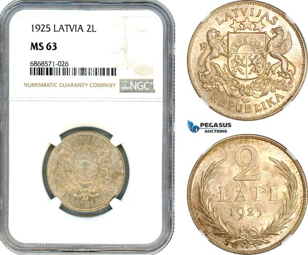 AI975, Latvia, 2 Lati 1925, London Mint, Silver, NGC MS63