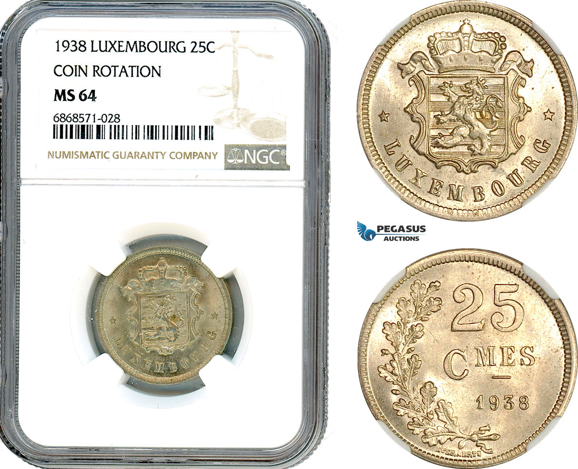 AI977, Luxembourg, 25 Centimes 1938, Coin Rotation, NGC MS64