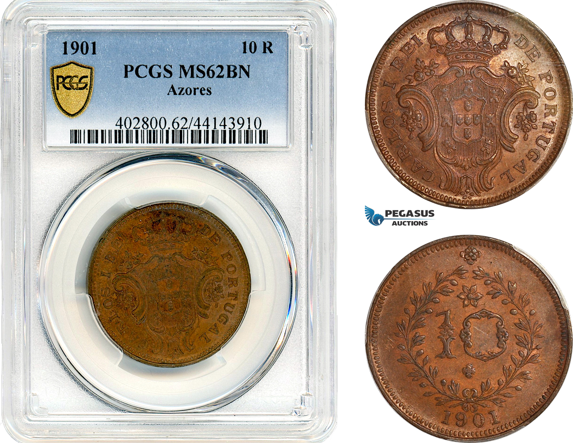 AJ701, Portugal, Azores, Charles I, 10 Reis 1901, Lisbon Mint, PCGS MS62BN